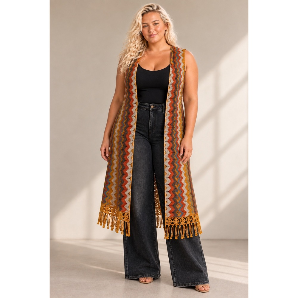 Almost Famous 3X Chevron Crochet Long Duster Vest Boho Fringe Plus Size